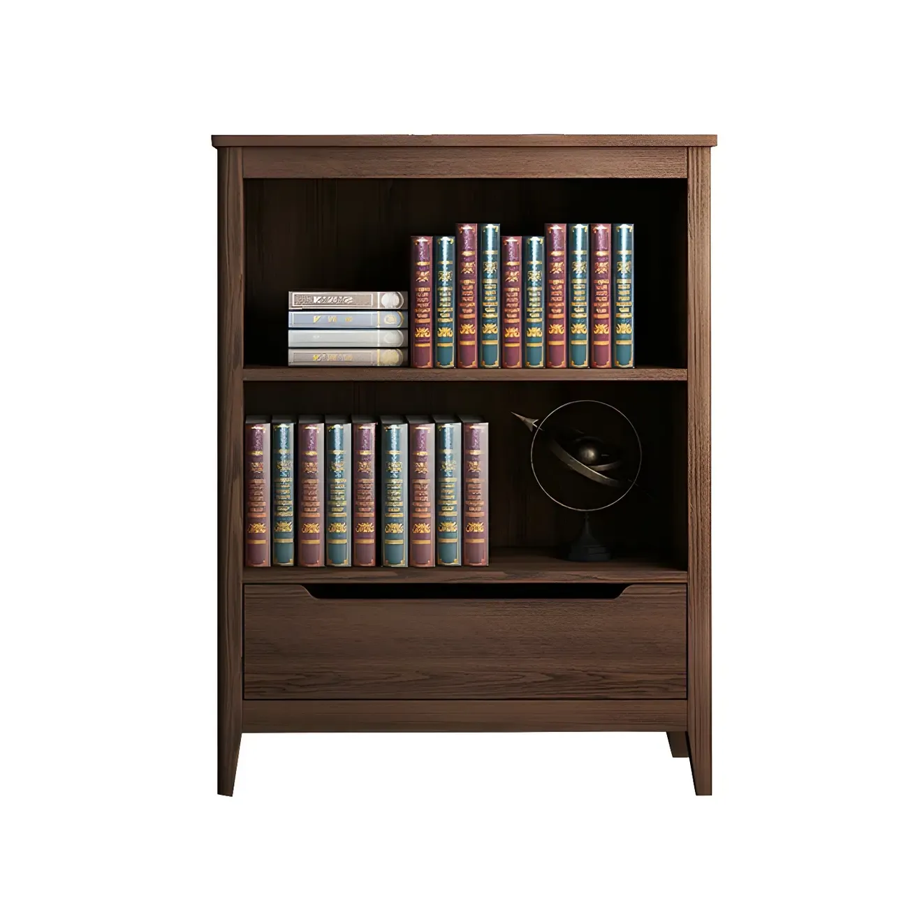 Modern Wooden Bookcase with Adjustable Shelves and Drawers