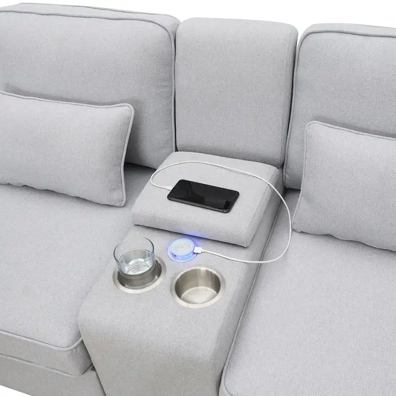 Modern Linen Fabric Upholstered Sofa with Console, 4Pillows,Cupholders,USB