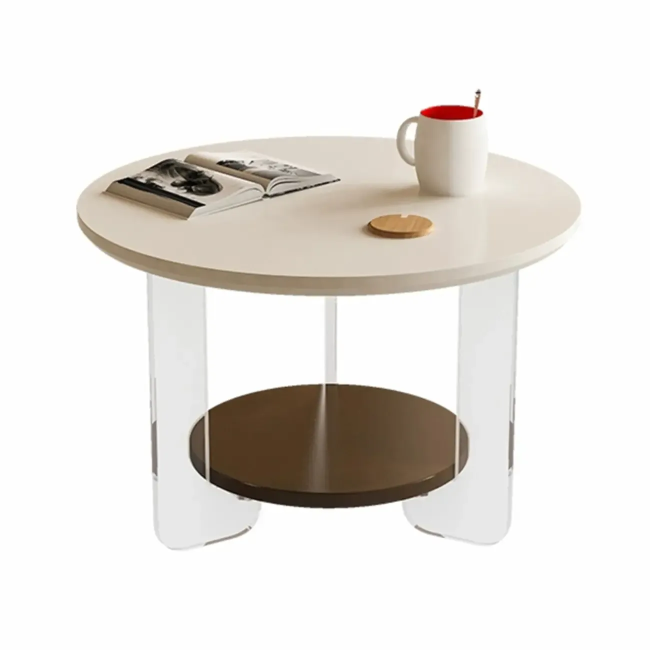 White Brown Wood Round Coffee Table with Shelf and Plastic Leg