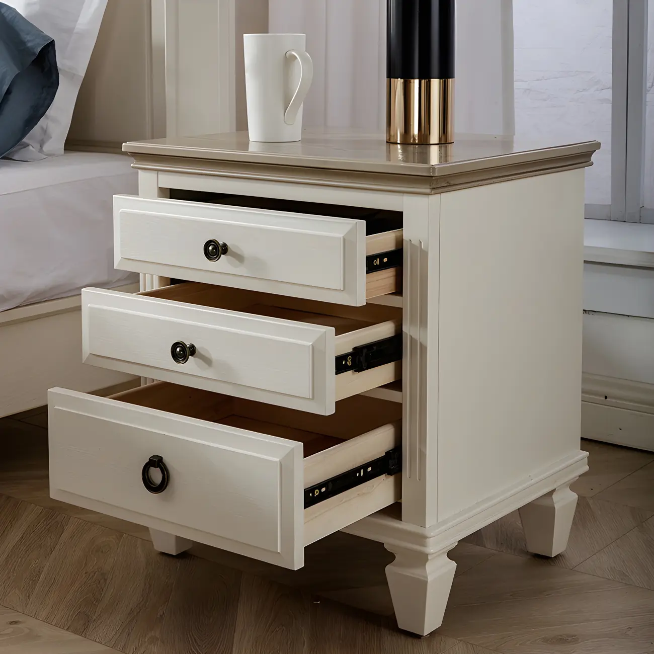 Beige Oak Wood 3-Drawer Standard Nightstand