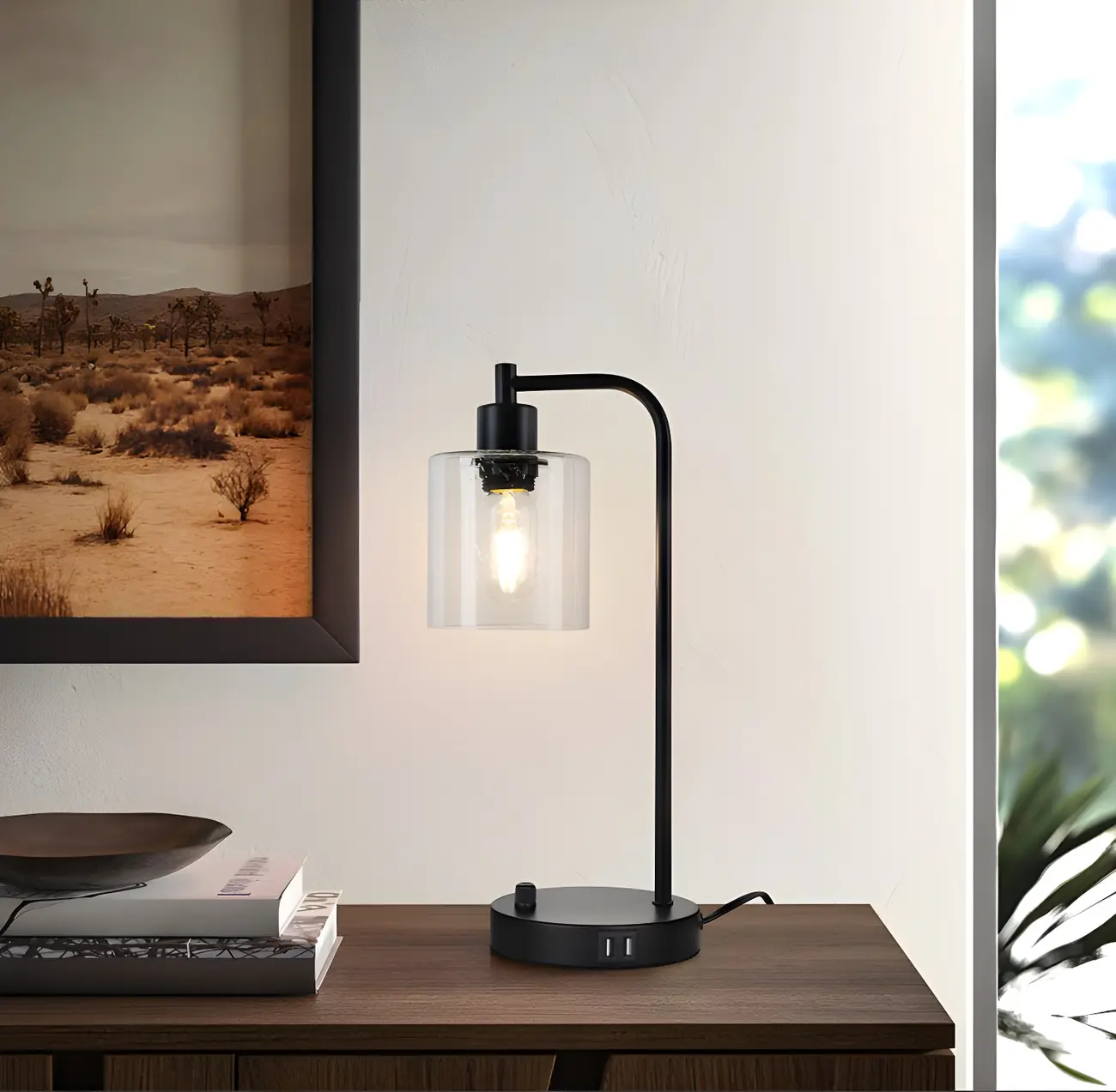Simple Black Metal Glass Barrel Table Lamp with Touch Switch