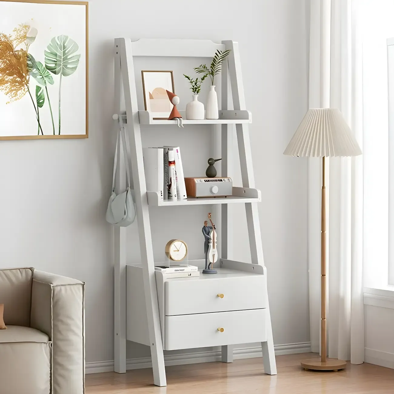 3-Tier Nut-Brown Wood Ladder Open Bookcase with Drawers