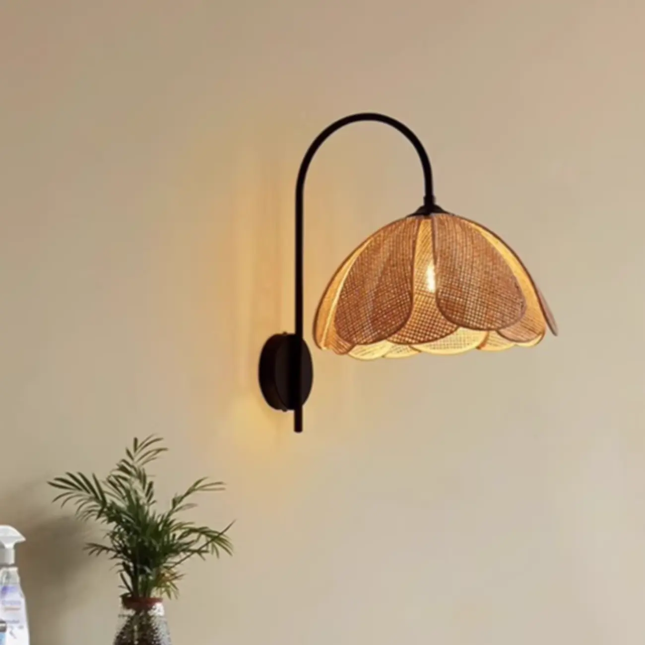 Indoor Modern Wood Rattan Gooseneck Wall Sconce Lamp