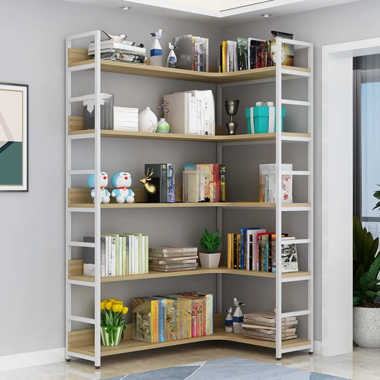 Etagere L-Shaped Metal Wood Corner Bookcase