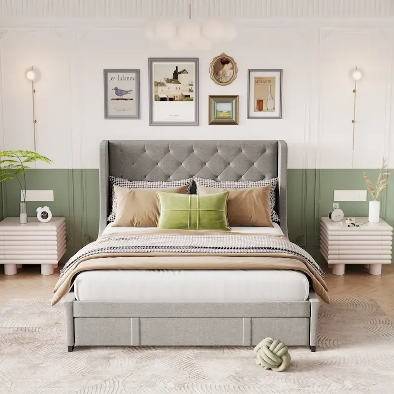 Queen Size Upholstered Platform Bed with Wingback Headboard and a Big Drawer
