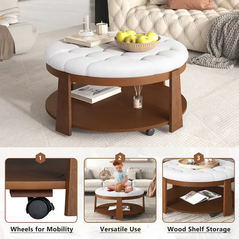 36 Round Button Tufted Upholstered Coffee Table with Wood Shelf and Wheel