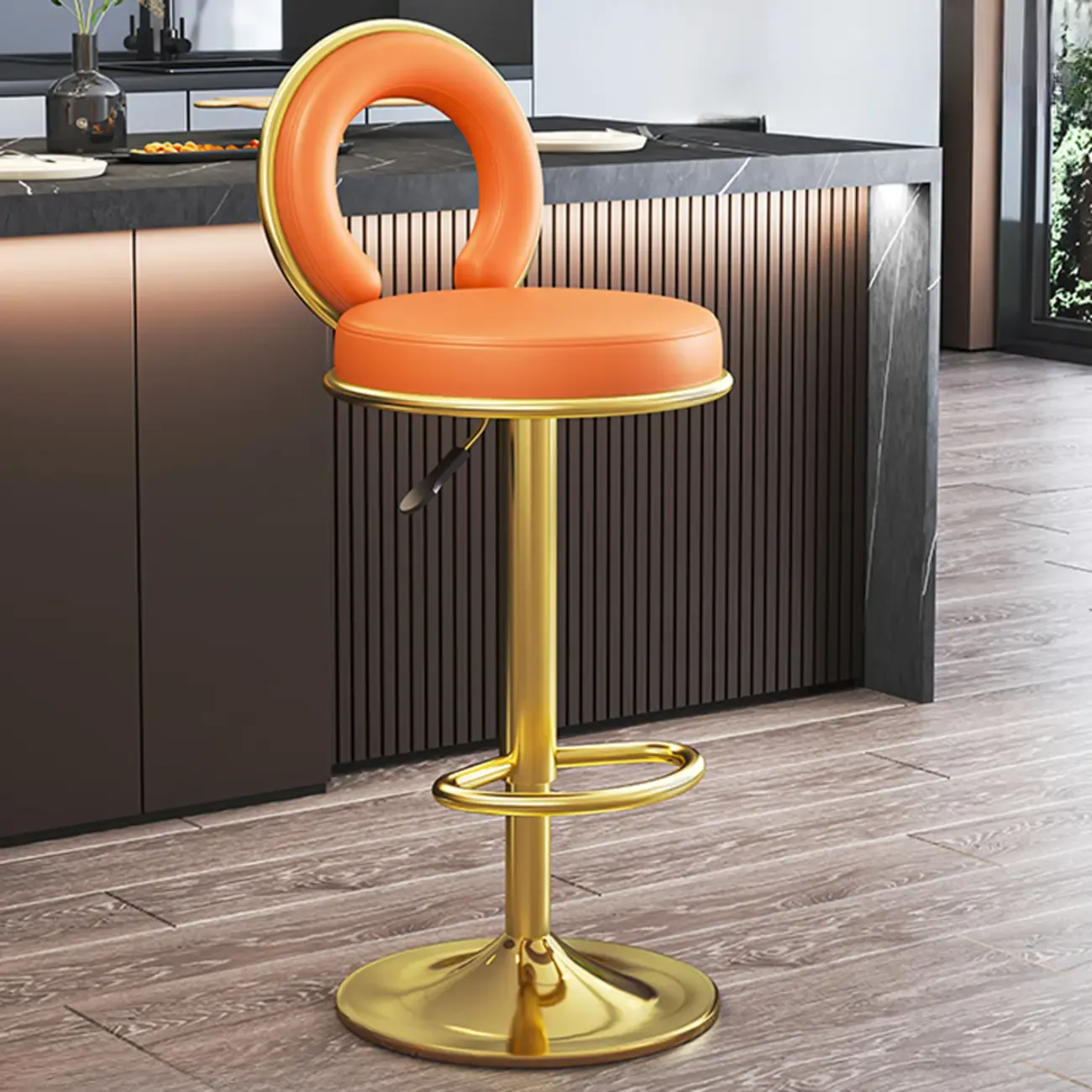 Glam Round Adjustable Leather Swivel Bar Stool with Back