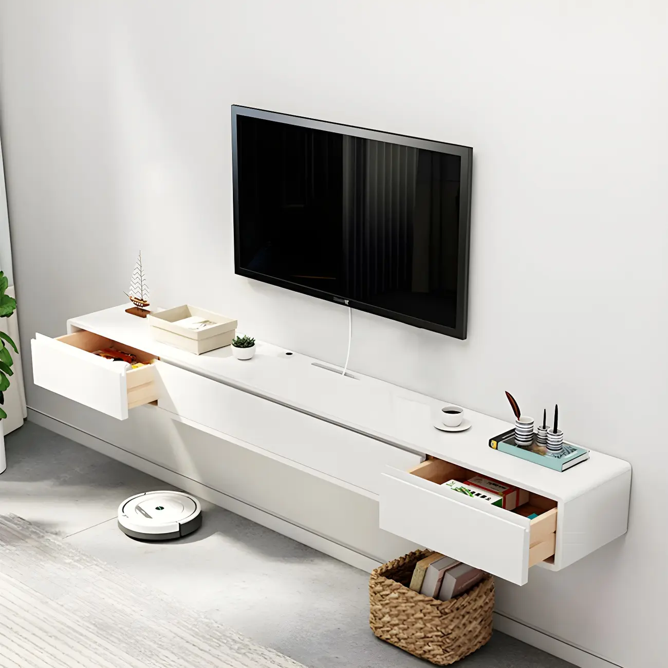 White Floating Mount Wood Drawers Cabinet TV Stand