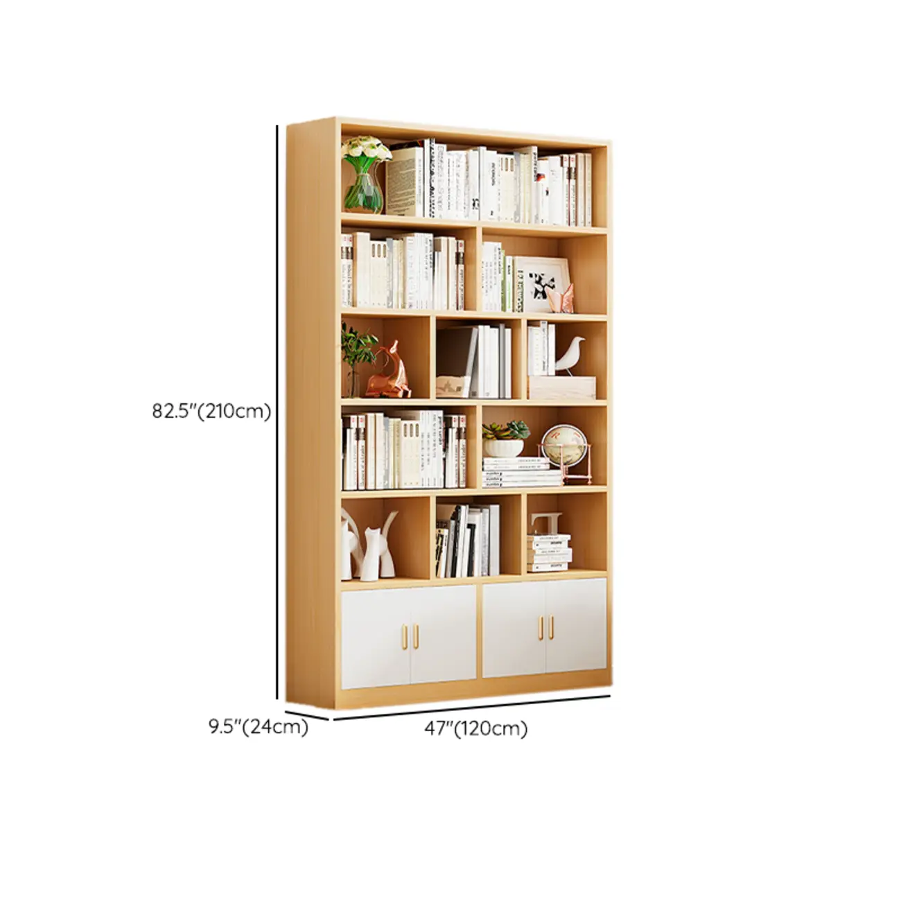 Natural Finish Narrow 6 Shelves Wooden Bookcase with Drawer