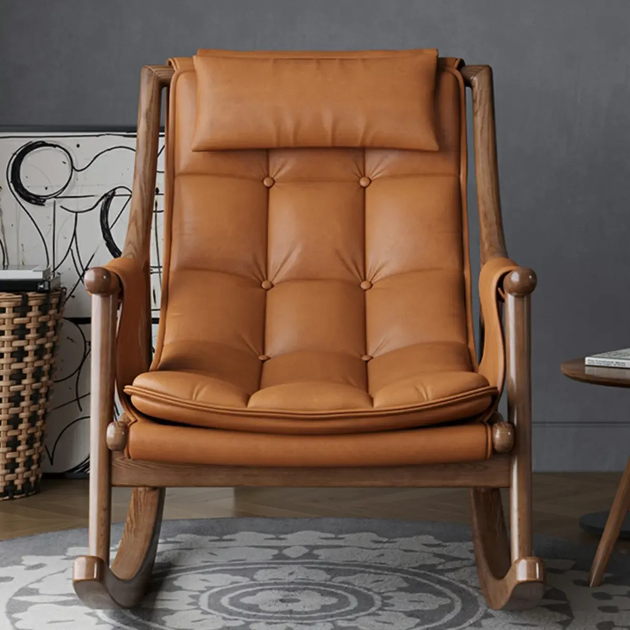 Modern Wood Nappa Upholstered Rocking Chair with Footstool