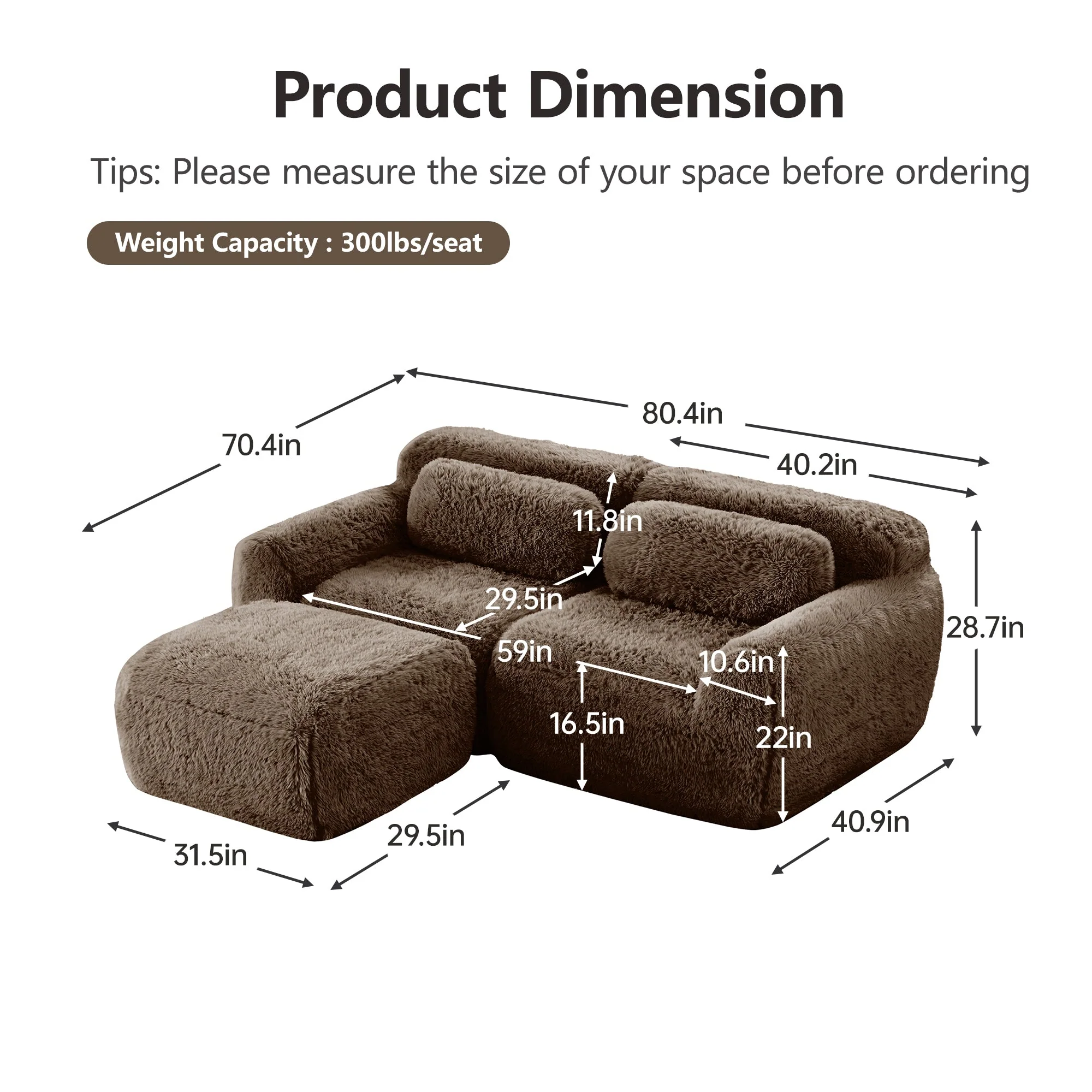 Soft Teddy Plush Ergonomic Design L-shaped Loveseat Sofa with Ottoman