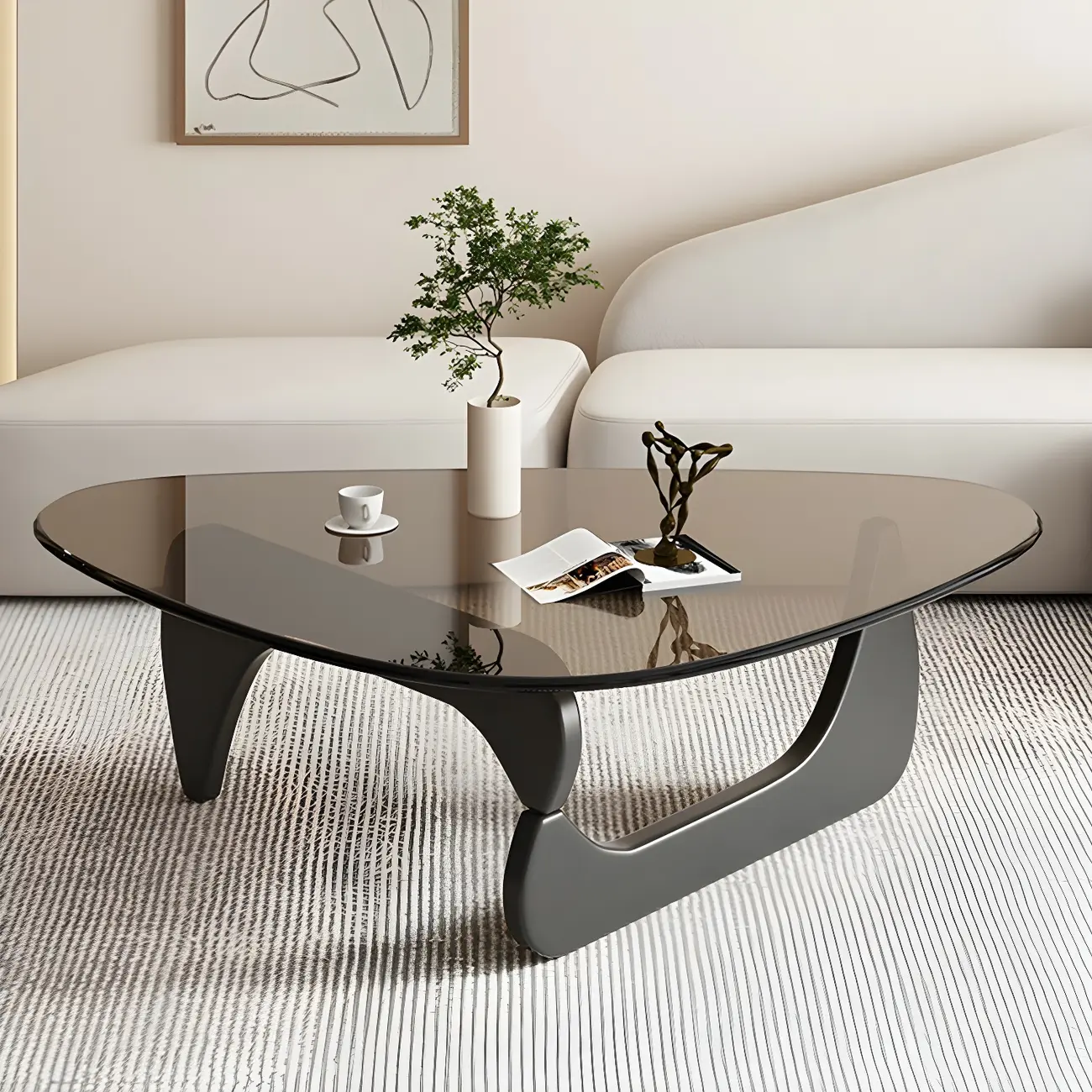 Modern Triangle Glass Coffee Table Wooden Base