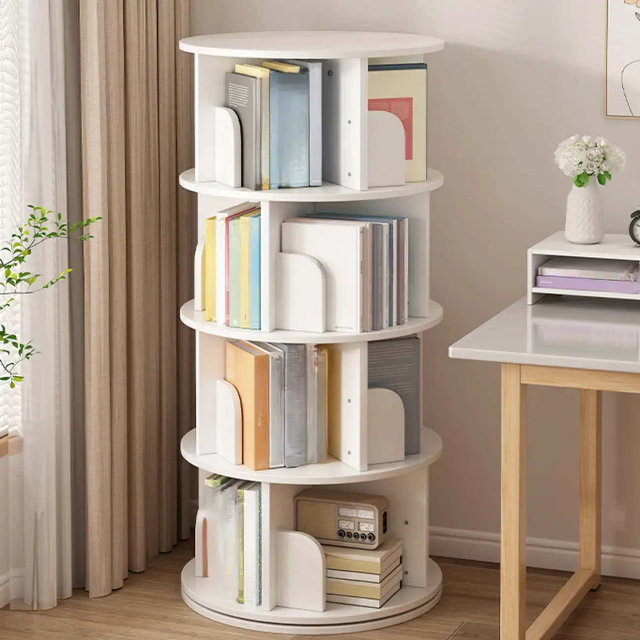 Brown Cylindrical Wooden Rotating Open-Back Bookcase