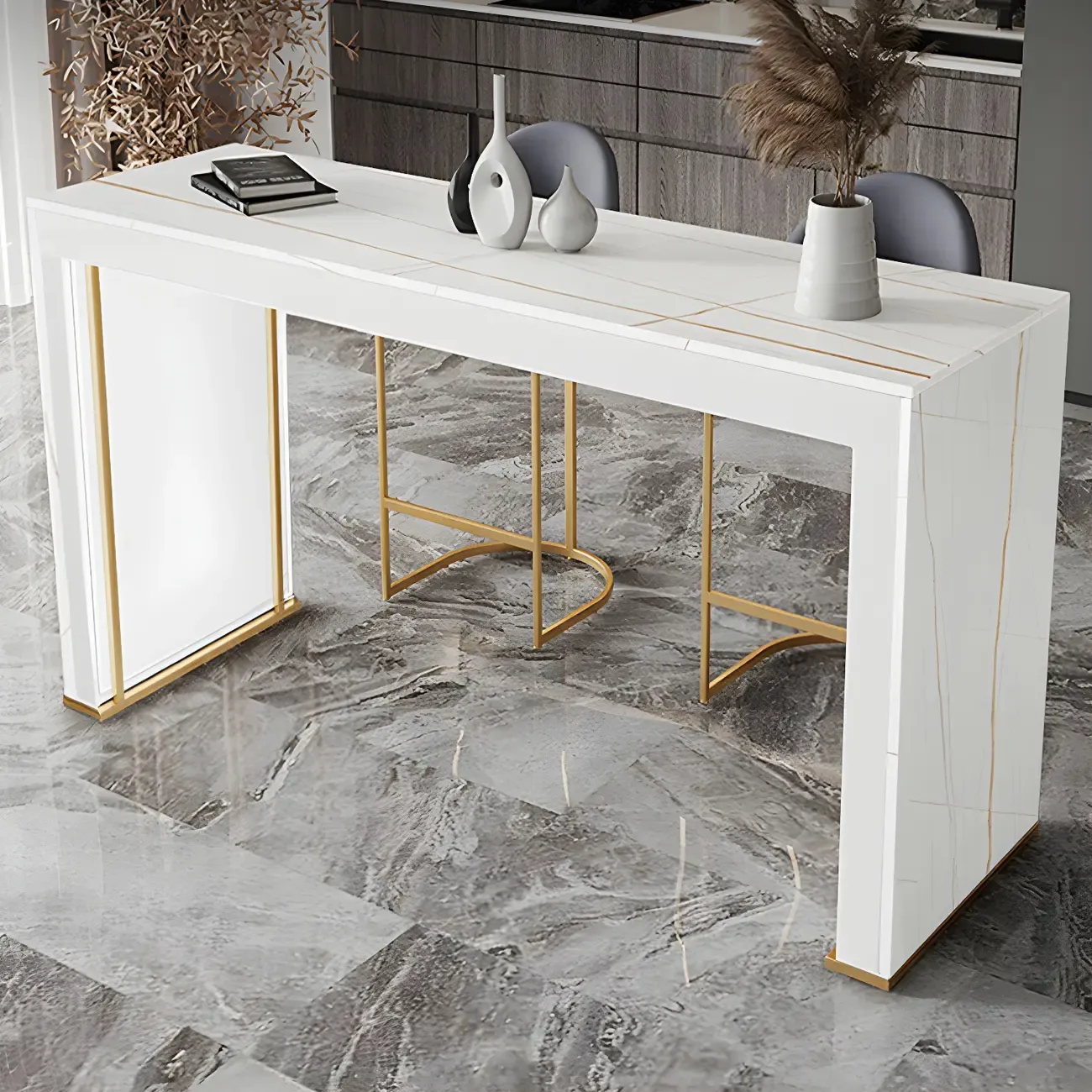 Modern White Stone Top Wood Dual-Pedestal Bar Tables
