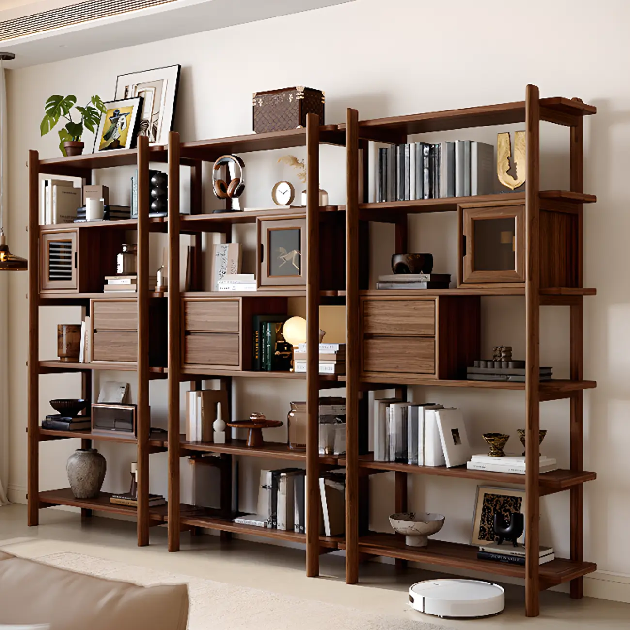 Black Walnut Open Back Wooden Vertical Display Bookshelf