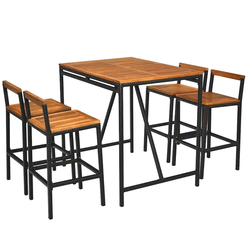 Costway 5PCS Patio Rattan Bar Table Stool Set Acacia Wood Top - See Details