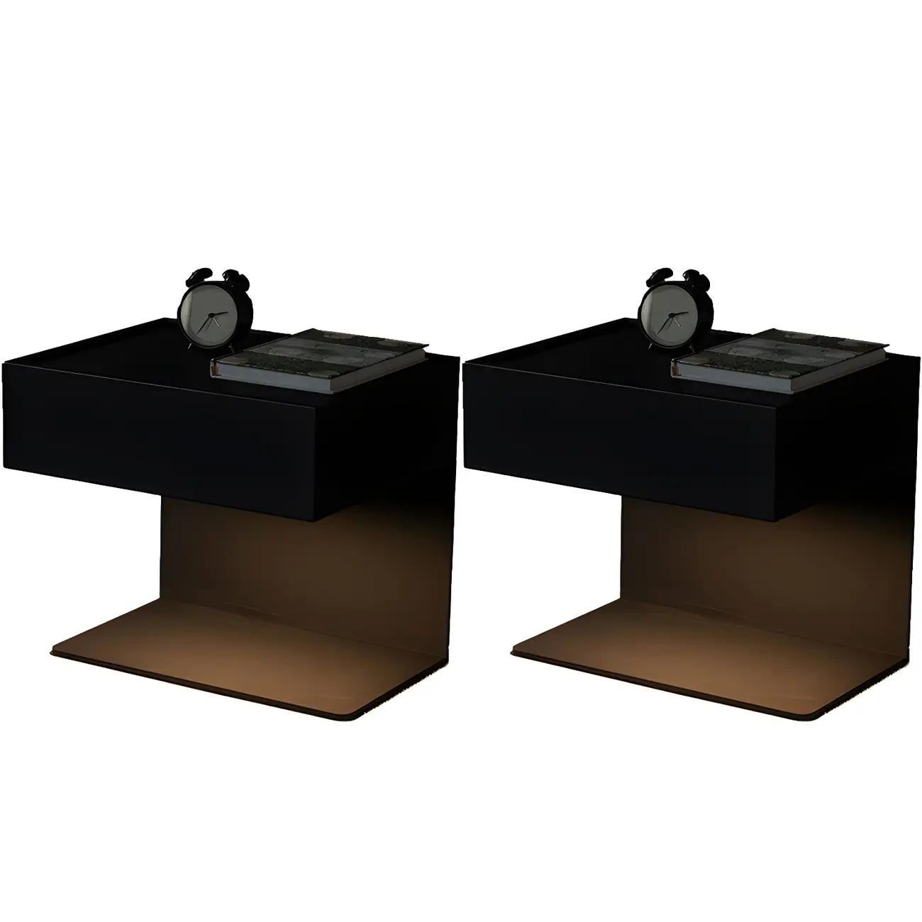 Black Steel Wood C-Shaped Drawer Nightstand with Light