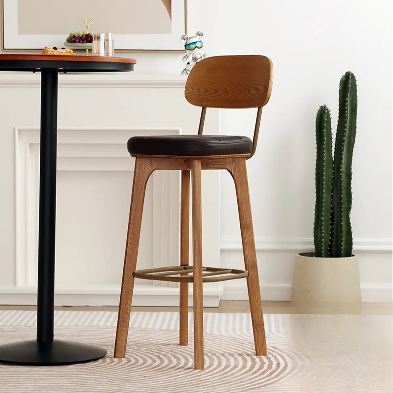 Wooden Square Leather Upholstered Bar Stool with Backrest