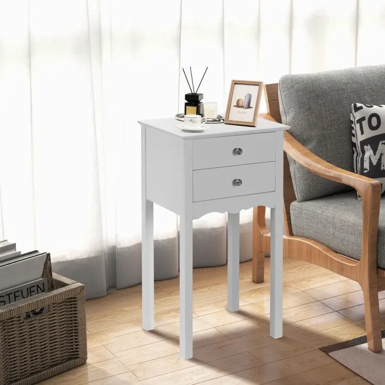 Side Table End Accent Table with 2 Drawers-White - 16.0 x 13.0 x 30.0 (L x W x H)