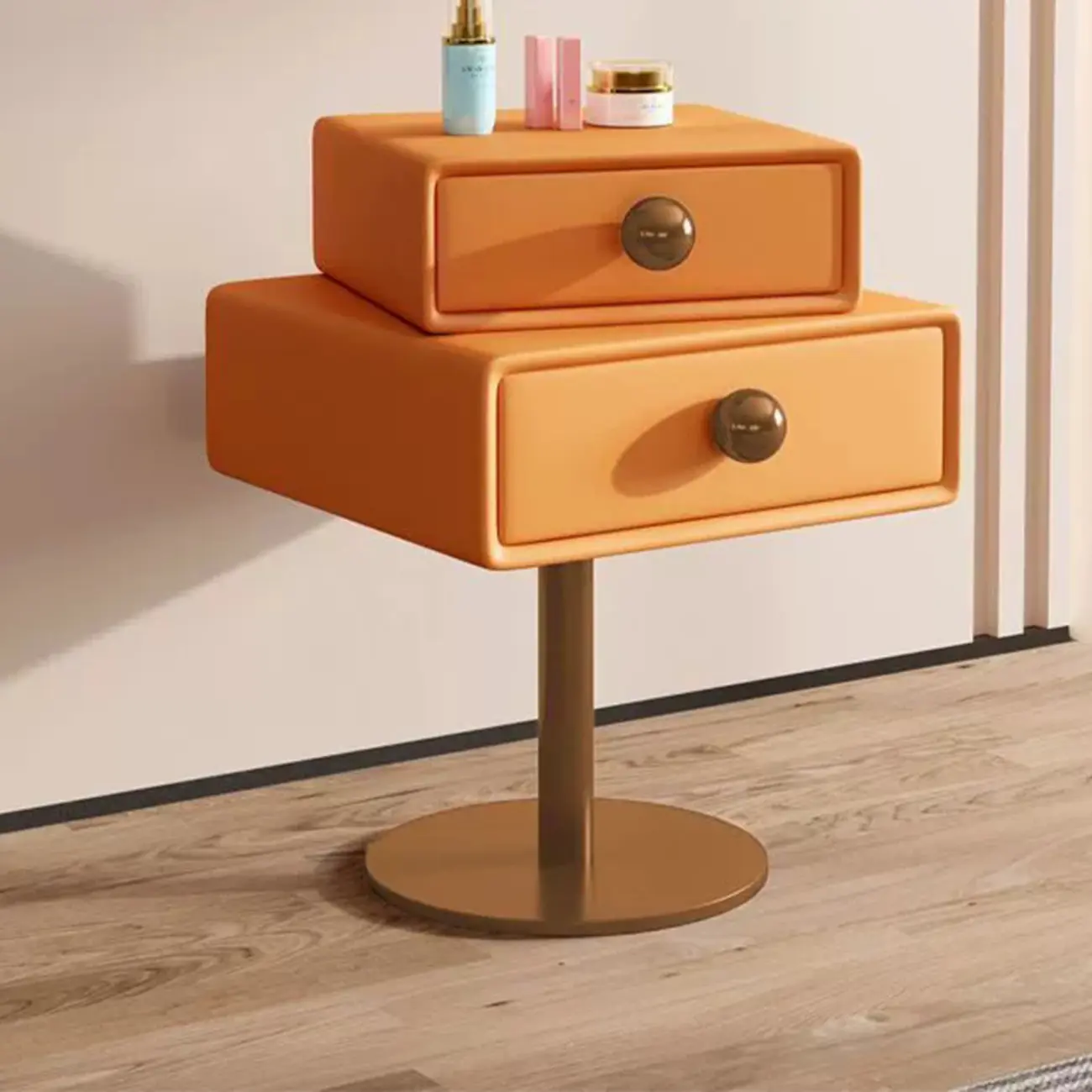 Modern Metal Faux Leather Swivel 2-Drawer Nightstand