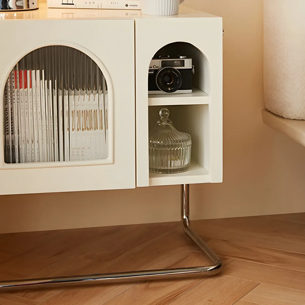 Narrow Cubic Wooden Black Nightstand in Steel Base