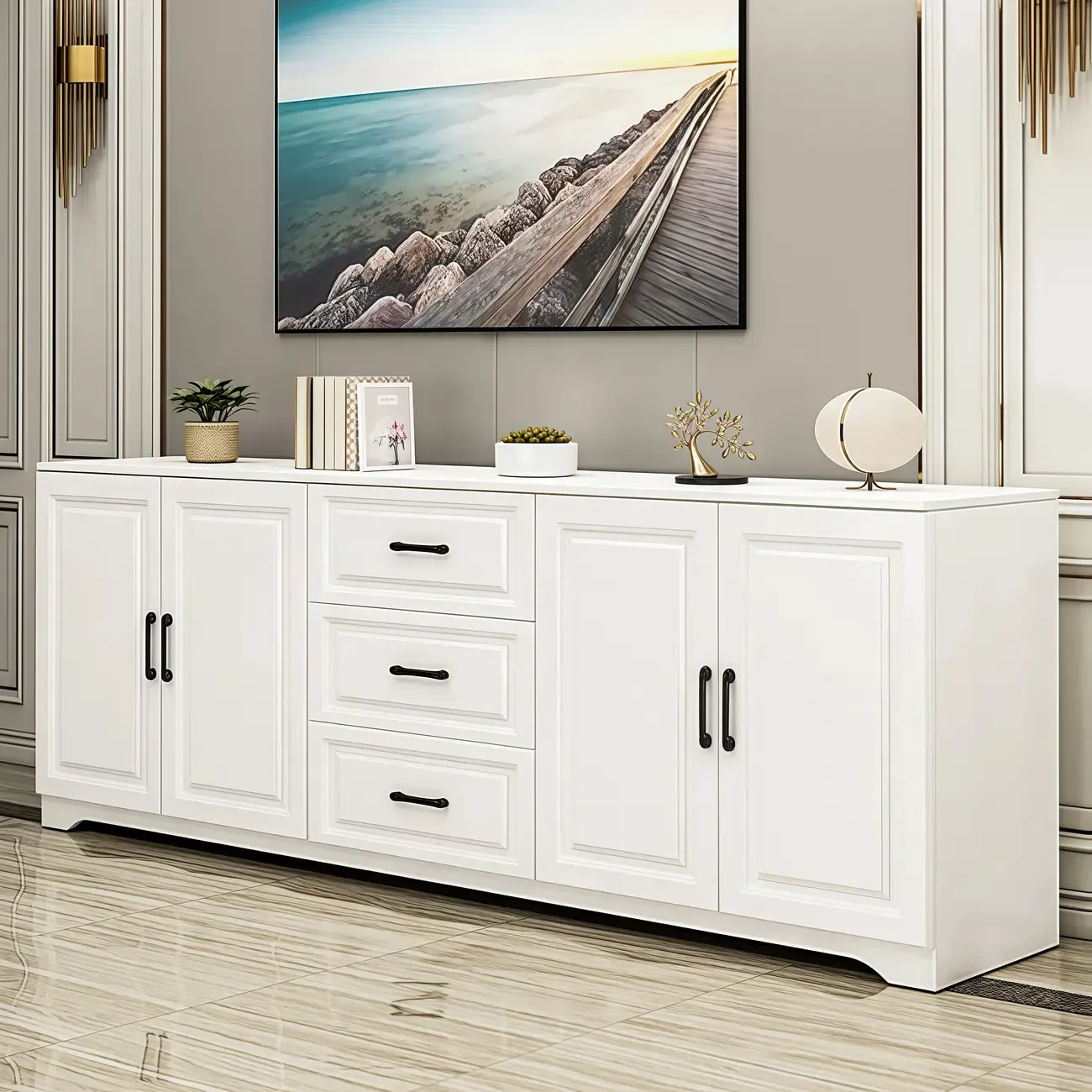 Modern Rectangular White 3-Drawer Wooden TV Stand