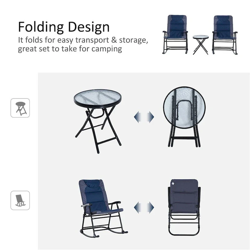 3 Piece Patio Folding Rocking Chairs Set with Glass Coffee Table