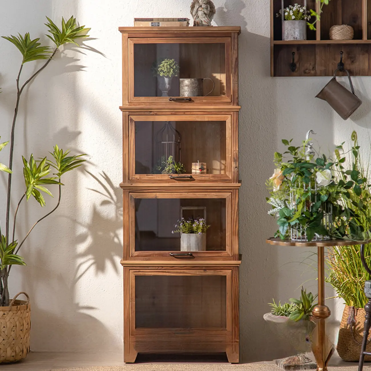 Traditional Multi-Shelves Brown Wooden Flip-Up China Cabinet