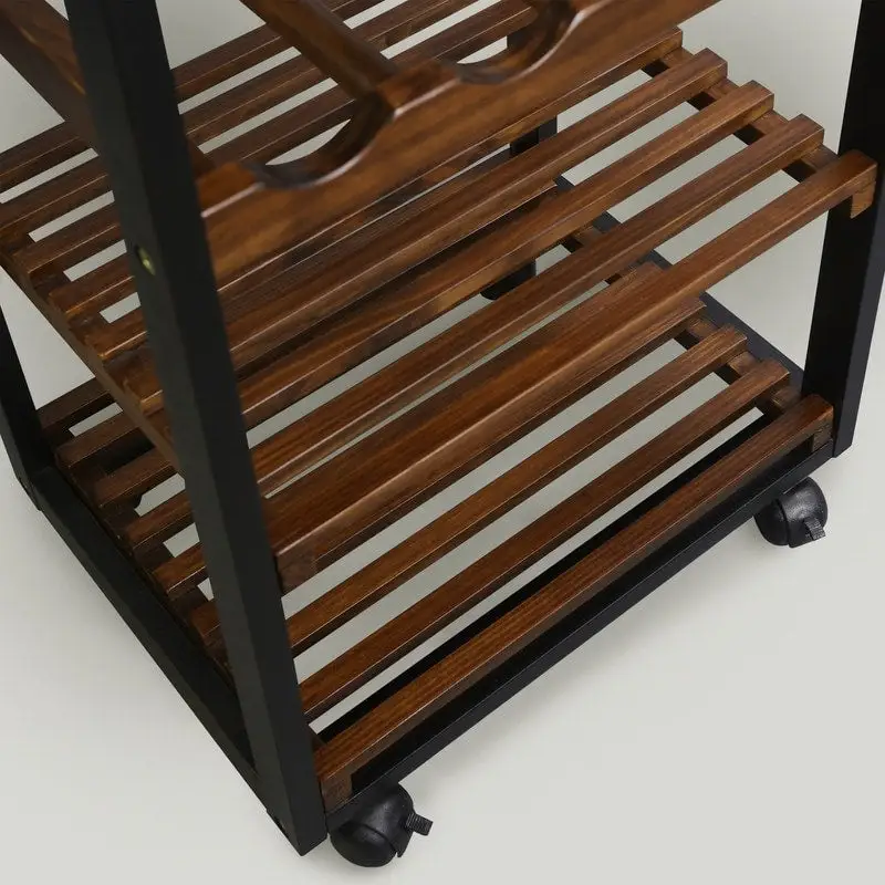 Solid Wood 4-Tier Rolling Kitchen Cart with Wine Rack and Drawer