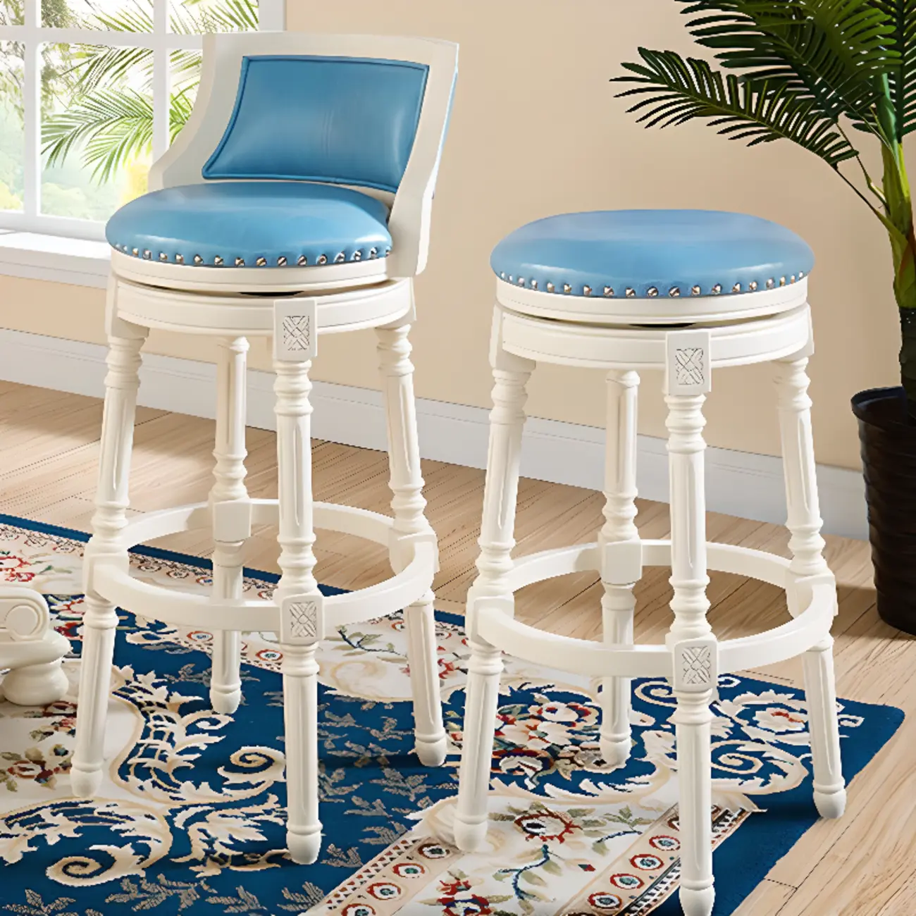 Traditional Blue Faux Leather Swivel Round Bar Stools