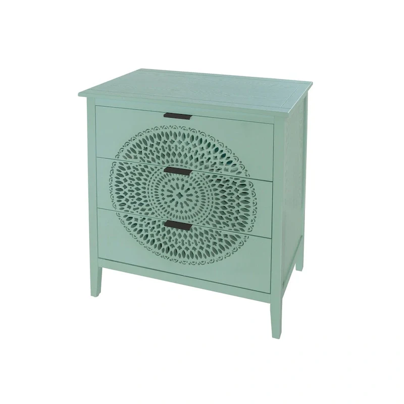 Hollow-Carved 3-Drawers Nightstand with Metal Handles