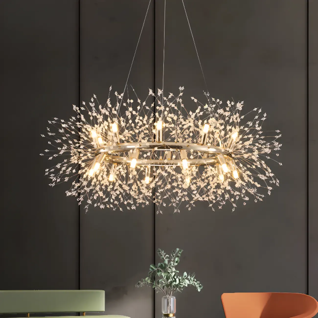 Modern Crystal Round Chandelier with Starburst Design