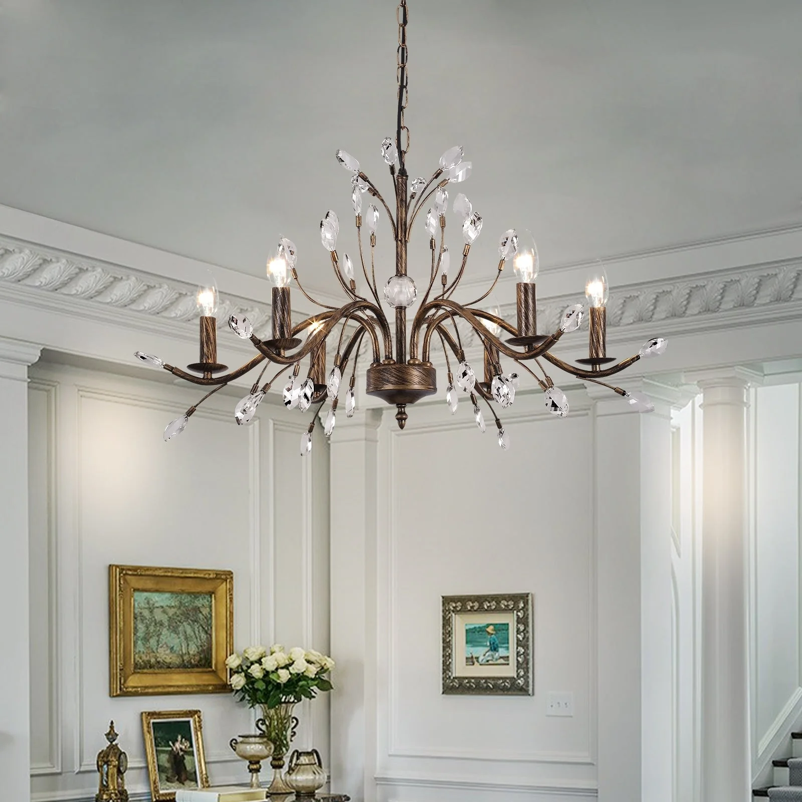 Farmhouse Retro Tree Branch Crystal Chandelier Candle-Style Pendant Light