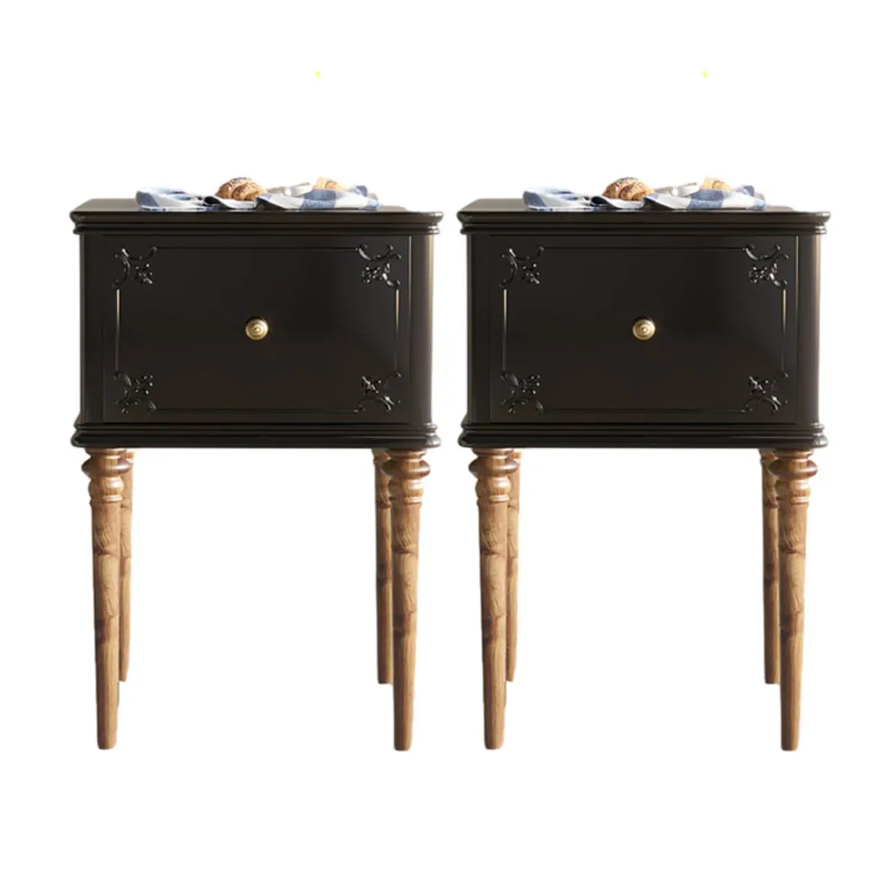 Traditional Black Wooden Carved Leggy Nightstand with Drawer