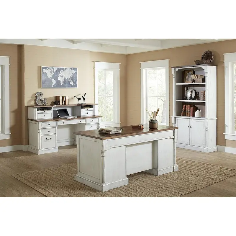 Rustic Wood Double Pedestal Executive Desk, Office Desk, Table, White