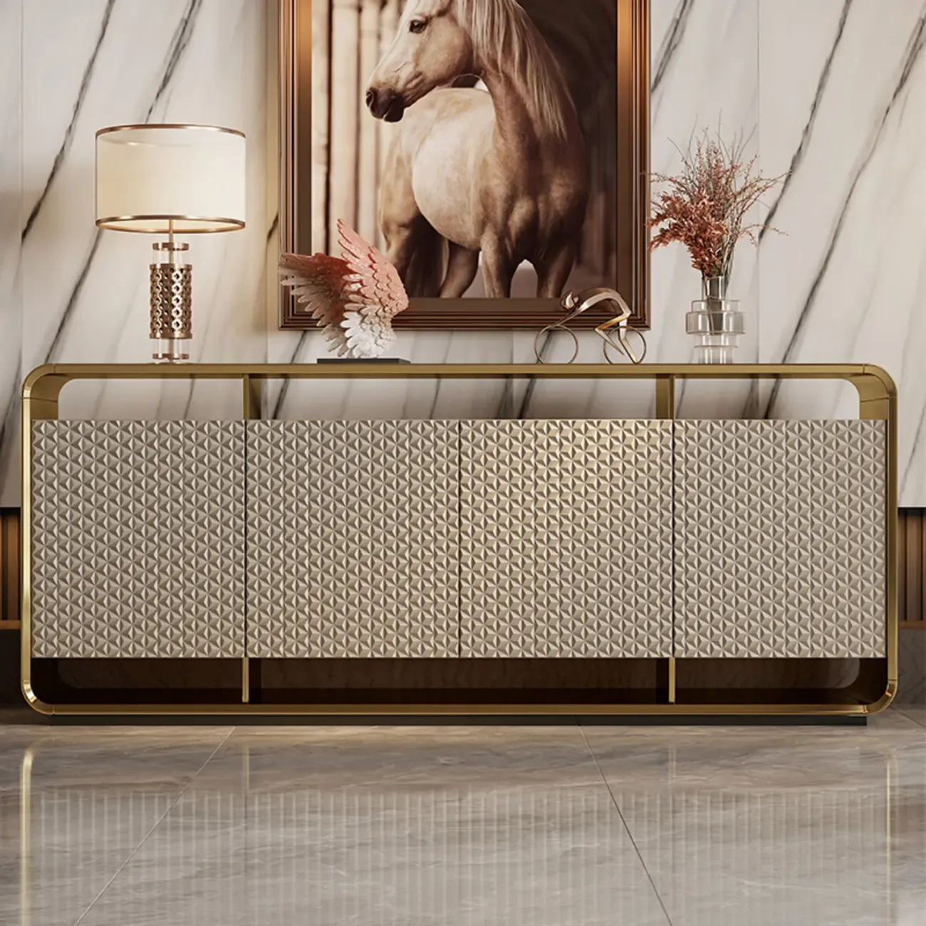 Glam Metal and Wood Sideboard with Shelves