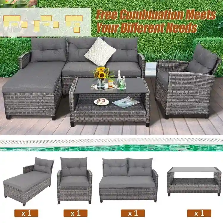 4 Pieces Patio Rattan Furniture Set with Cushion and Table Shelf - 27.5 x 47 x 30 (L x W x H)
