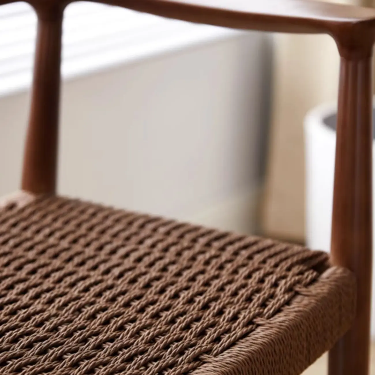 Scandinavian Curved Wood Woven Seat Armrest Dining Chair