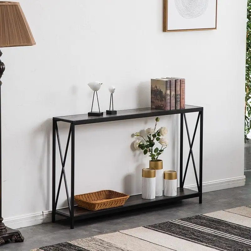 Triamine Board Cross Iron Frame Narrow Console Table