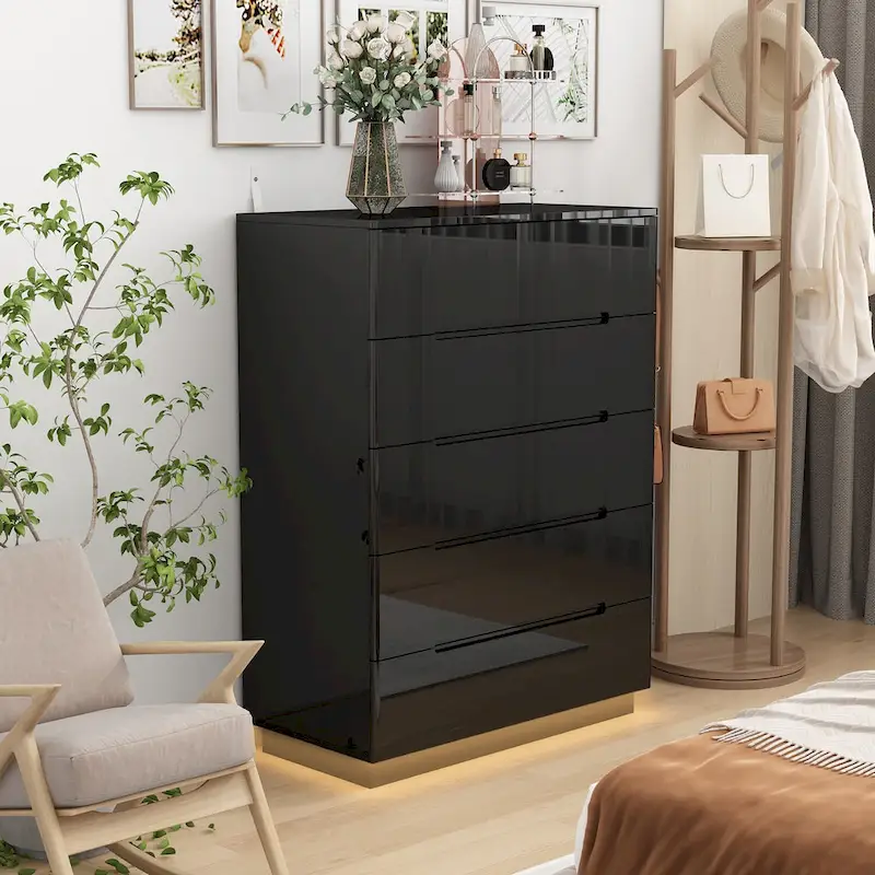 31.5 High Gloss Chest With Light Chest w/5 Drawers&Spacious Tabletop