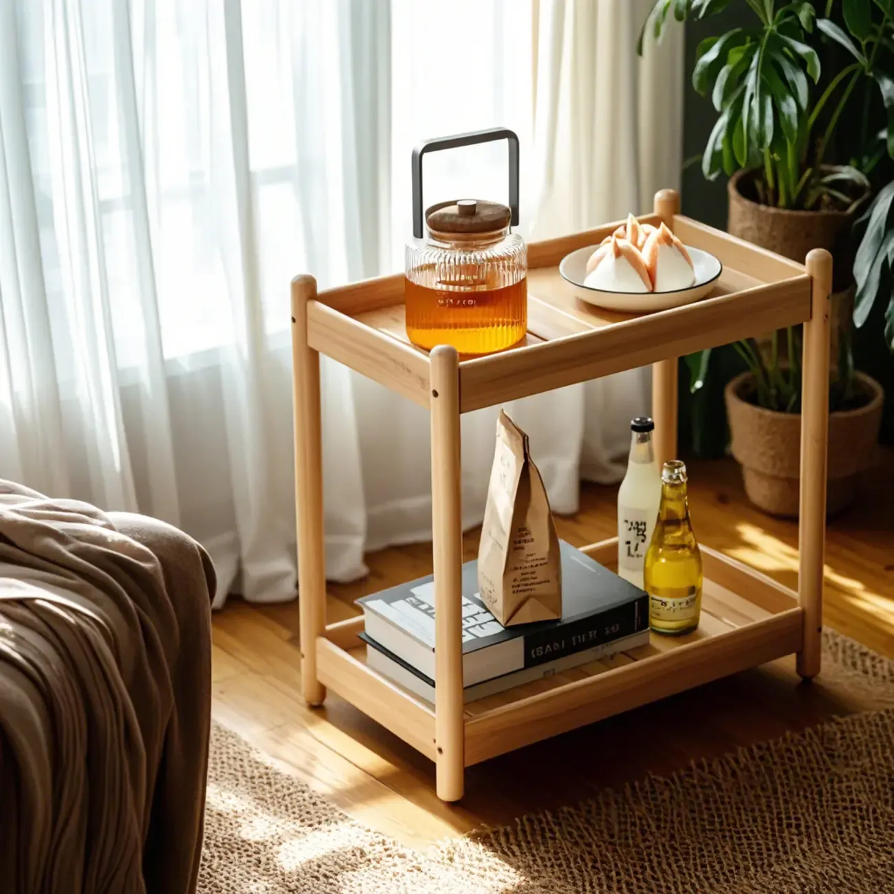 Wooden 2-Tier Side Table with Wheels for Living Room