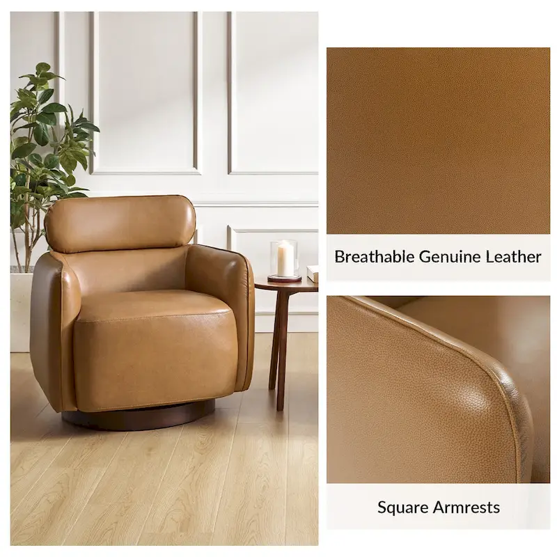 Raphael Modern Swivel Genuine Leather Barrel Chair