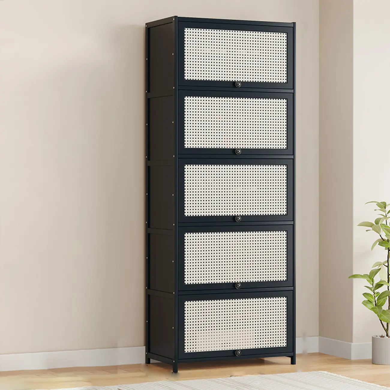 Modern Black Bamboo Shoe Cabinet with Rattan Panels