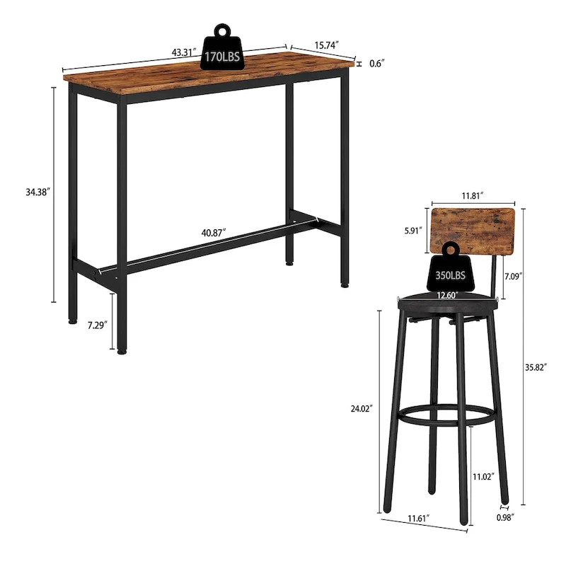 3-Piece Bistro Set, Dining Table and Upholstered Stools w/ Backrest