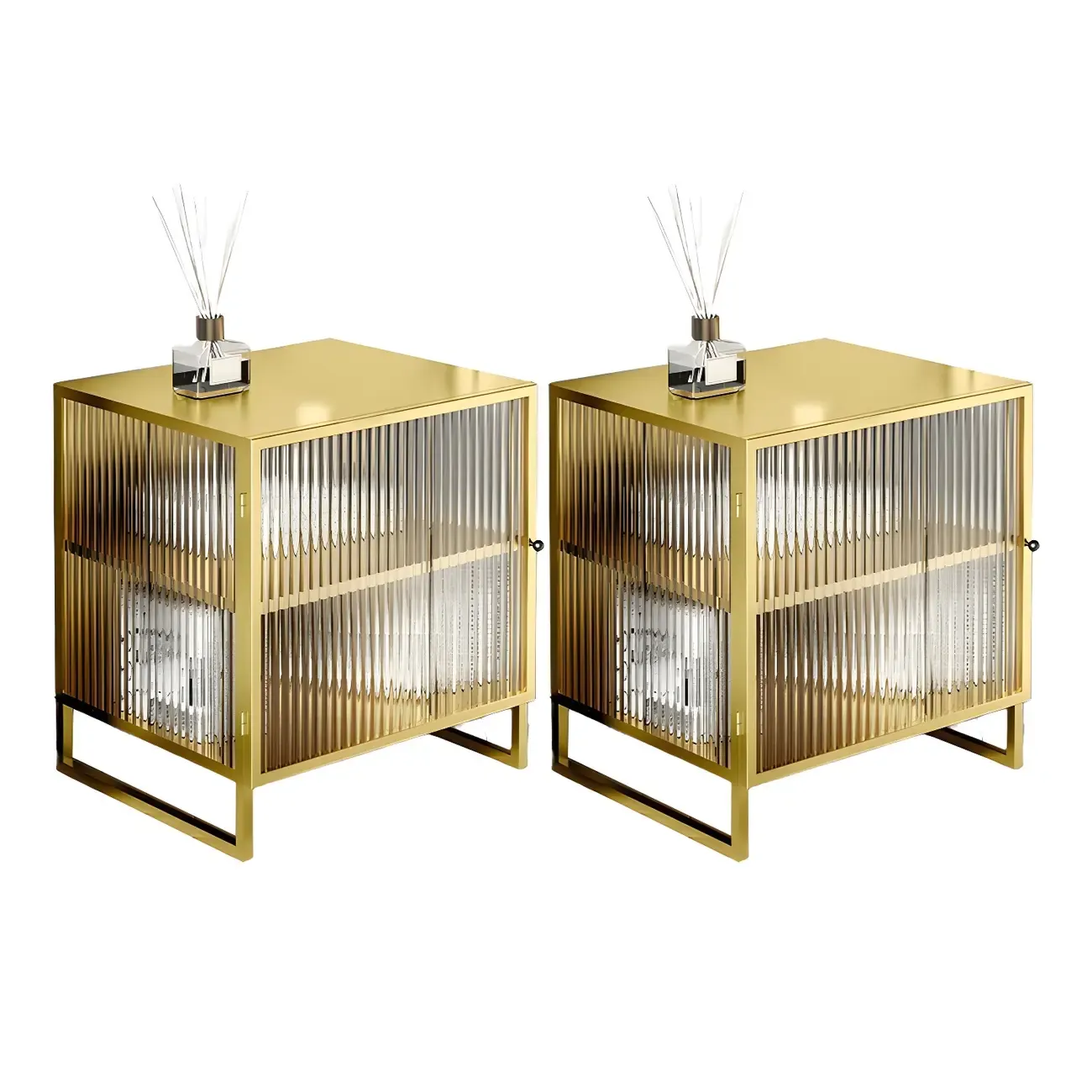 Black 2-Tier Ribbed Glass Metal Bedroom Nightstand