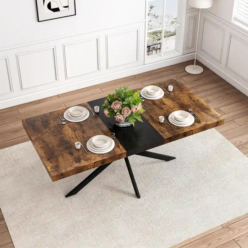 Retro Rectangular Stretch Dining Table with Cross Iron Base