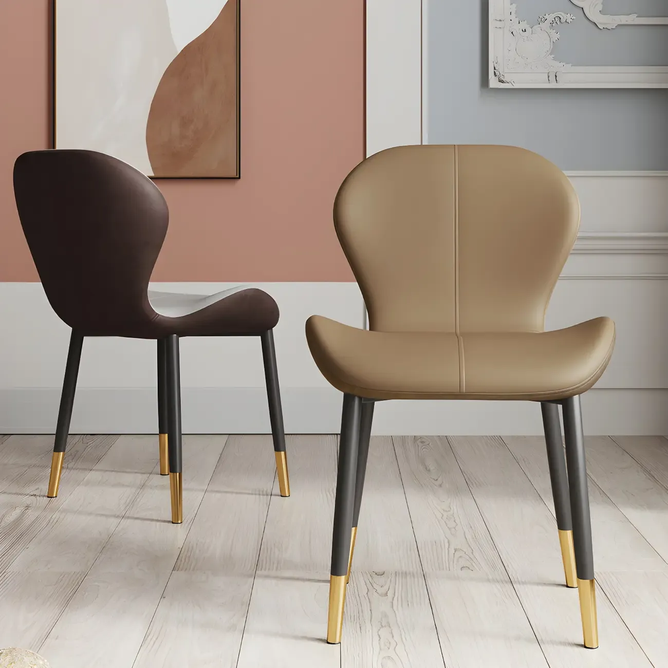 Art Deco Curved Back Leather Dining Chair Solid Back