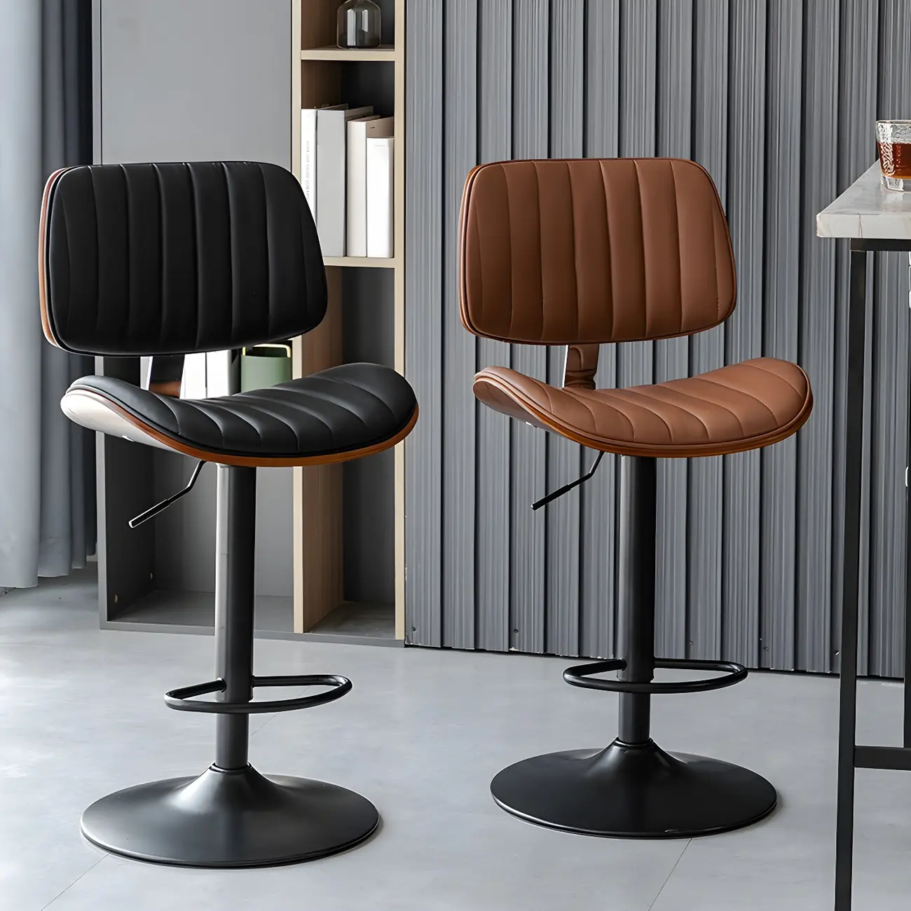 Adjustable Height Bucket Swivel Leather Bar Stool with Back