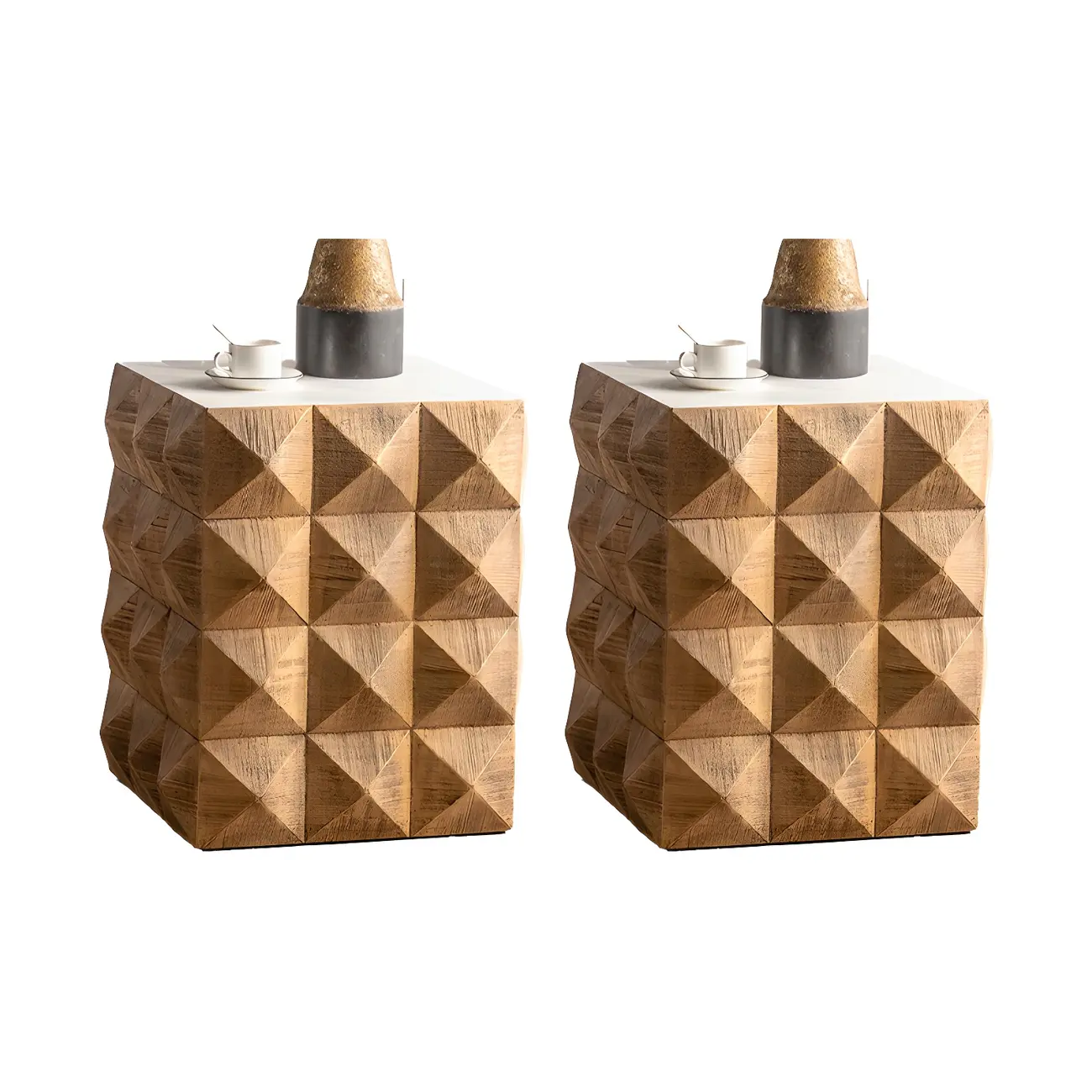 Elegant Geometric Wooden Block Accent Side Table