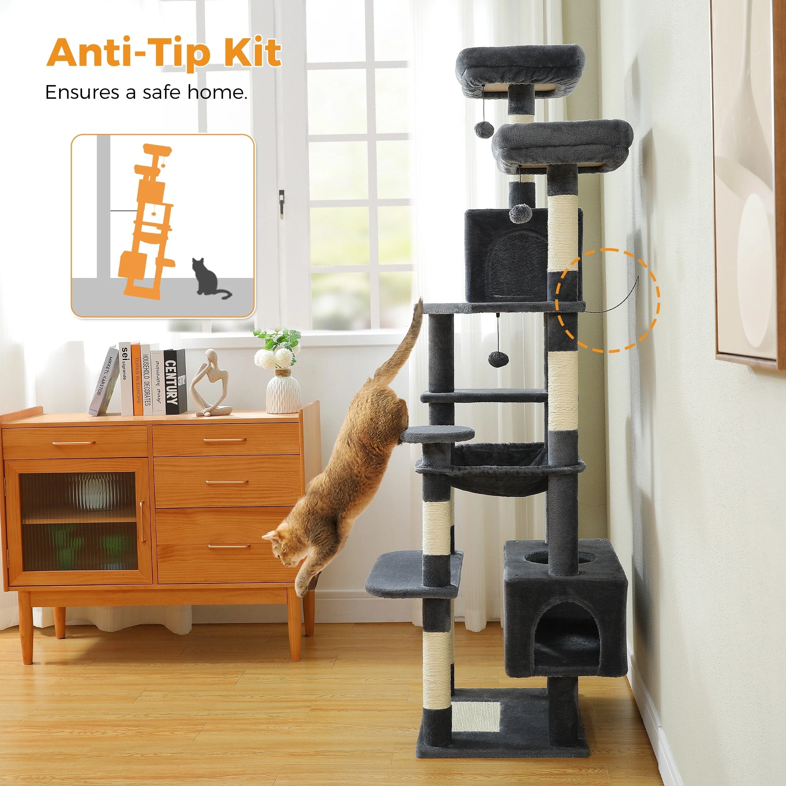 Large Cat Tower Cat Condo with Scratching Posts and Pads, 2 Padded Perch, Dual Condo and Basket